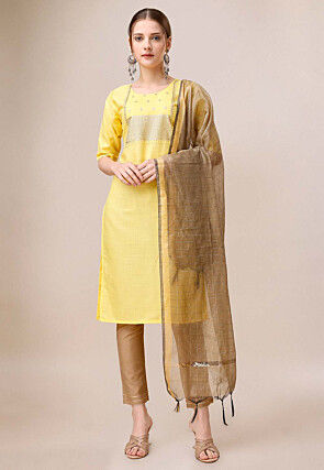 Embroidered Cotton Slub Pakistani Suit in Yellow