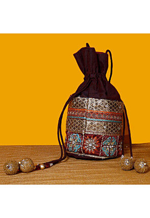 Embroidered Cotton Slub Potli Bag in Brown