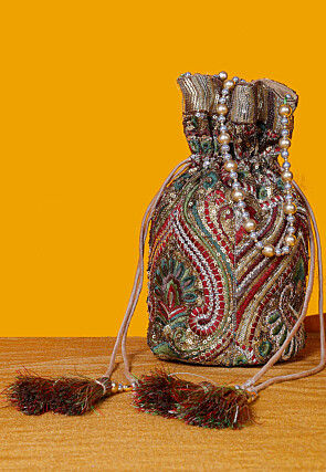 Embroidered Cotton Slub Potli Bag in Multicolor
