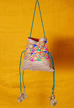 Embroidered Cotton Slub Potli Bag in Multicolor