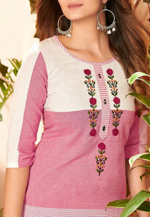 Embroidered Cotton Slub Straight Kurta in Pink and White