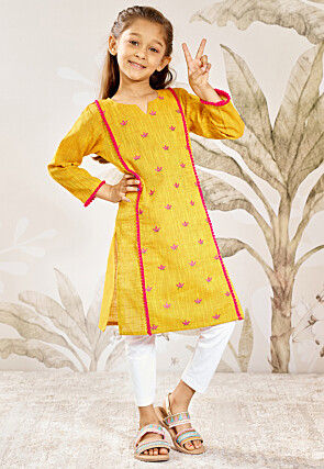 Embroidered Cotton Slub Straight Kurta Set in Mustard
