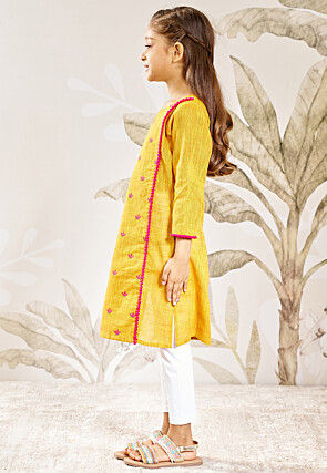 Embroidered Cotton Slub Straight Kurta Set in Mustard