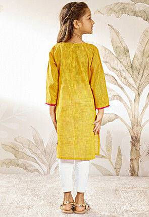 Embroidered Cotton Slub Straight Kurta Set in Mustard