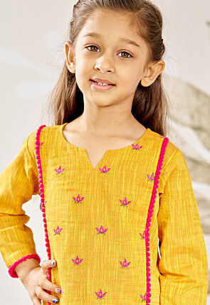 Embroidered Cotton Slub Straight Kurta Set in Mustard