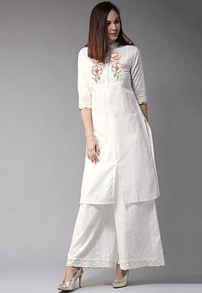 Embroidered Cotton Slub Straight Kurta Set in White