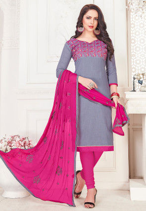 Embroidered Cotton Slub Straight Suit in Grey