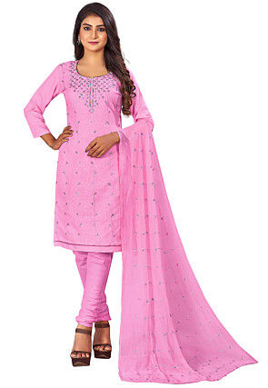 Embroidered Cotton Slub Straight Suit in Pink