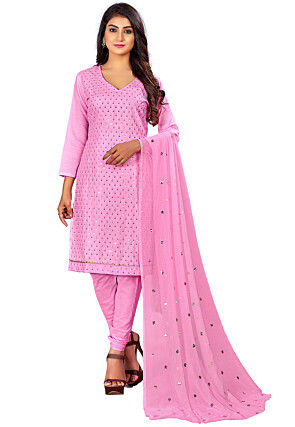 Embroidered Cotton Slub Straight Suit in Pink