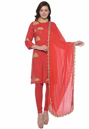 Embroidered Cotton Slub Straight Suit in Red