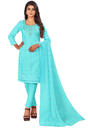 Embroidered Cotton Slub Straight Suit in Sky Blue