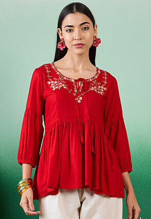 Embroidered Cotton Slub Top in Red