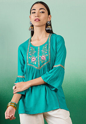Embroidered Cotton Slub Top in Turquoise