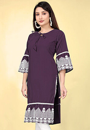 Embroidered Cotton Straight Kurta Dark Purple