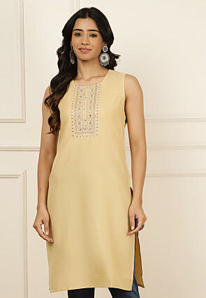 Embroidered Cotton Straight Kurta in Beige