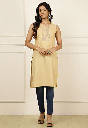 Embroidered Cotton Straight Kurta in Beige
