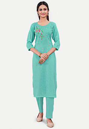 Embroidered Cotton Straight Kurta in Blue