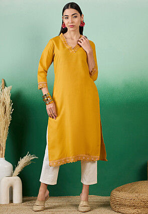 Embroidered Cotton Straight Kurta in Dark Yellow