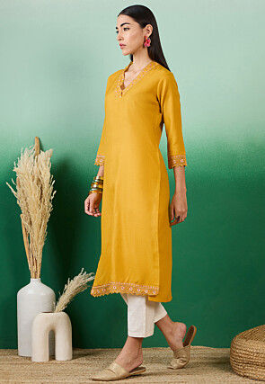Embroidered Cotton Straight Kurta in Dark Yellow