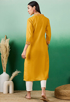 Embroidered Cotton Straight Kurta in Dark Yellow