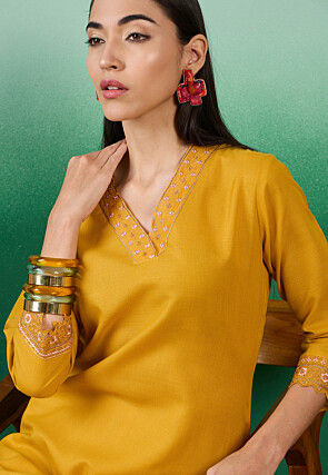 Embroidered Cotton Straight Kurta in Dark Yellow