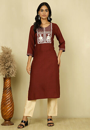 Embroidered Cotton Straight Kurta in Maroon
