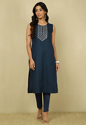 Embroidered Cotton Straight Kurta in Navy Blue