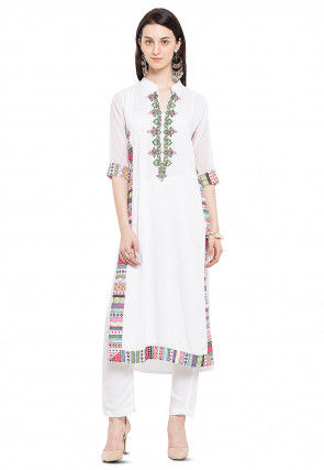 Embroidered Cotton Straight Kurta in Off White