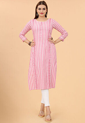 Embroidered Cotton Straight Kurta in Pink and Off White