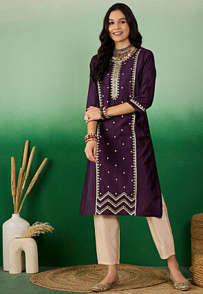 Embroidered Cotton Straight Kurta in Purple