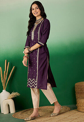 Embroidered Cotton Straight Kurta in Purple