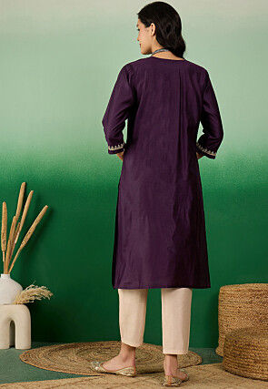Embroidered Cotton Straight Kurta in Purple