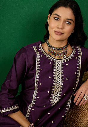 Embroidered Cotton Straight Kurta in Purple