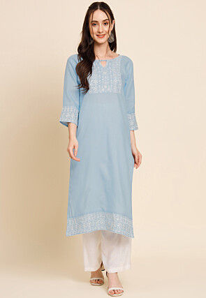 Embroidered Cotton Straight Kurta in Sky Blue