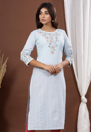 Embroidered Cotton Straight Kurta in Sky Blue