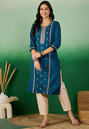Embroidered Cotton Straight Kurta in Teal Blue