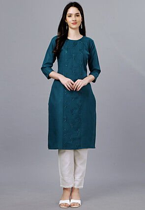 Embroidered Cotton Straight Kurta in Teal Blue