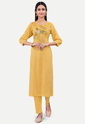 Embroidered Cotton Straight Kurta in Yellow