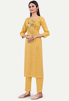 Embroidered Cotton Straight Kurta in Yellow