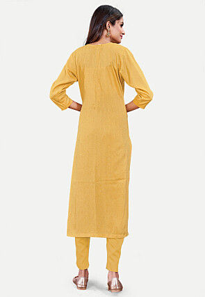 Embroidered Cotton Straight Kurta in Yellow