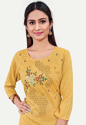 Embroidered Cotton Straight Kurta in Yellow