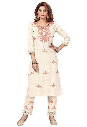 Embroidered Cotton Straight Kurta Set in Beige