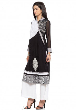 Embroidered Cotton Straight Kurta Set in Black and White