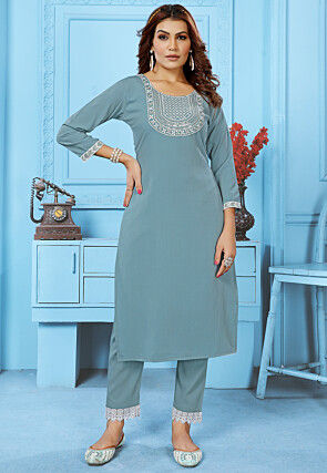 Embroidered Cotton Straight Kurta Set in Dusty Blue