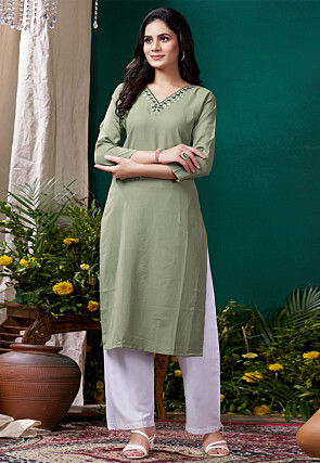 Embroidered Cotton Straight Kurta Set in Dusty Green