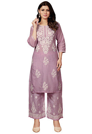 Embroidered Cotton Straight Kurta Set in Dusty Purple