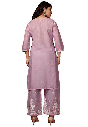 Embroidered Cotton Straight Kurta Set in Dusty Purple