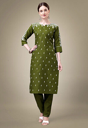 Embroidered Cotton Straight Kurta Set in Green