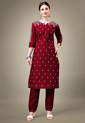 Embroidered Cotton Straight Kurta Set in Maroon