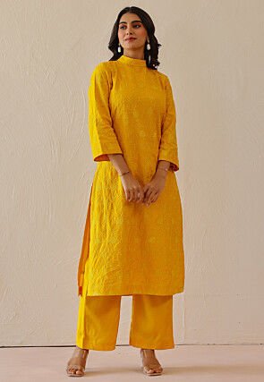 Embroidered Cotton Straight Kurta Set in Mustard